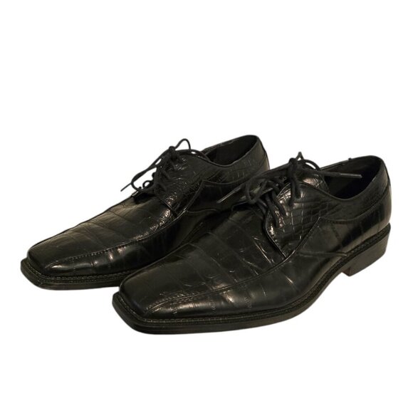 David Stone Vintage Black Croc Embossed Square Toe Lace Up Dress Shoe Sz 8.5D - Picture 1 of 10